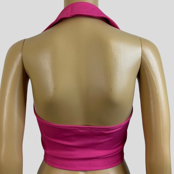 Women Ribbed Crop Top Size XS Pink-Magenta Halter Neck Backless Sleeveless - Picture 9 of 12